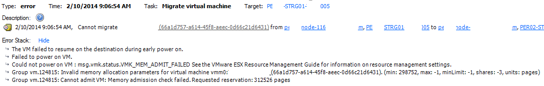 ESXi 5.5 Update 2: vMotion Fails at 14% with Stale Admission Control and VM Reservations