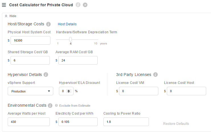 CloudPhysics: Rightsizing Intelligence and Cost Calculator for Private Cloud