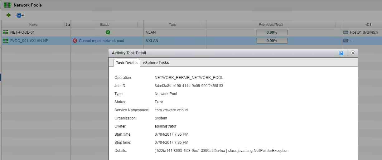 vCloud Director 9.0: Manual Quick fix for VXLAN Network Pool Error